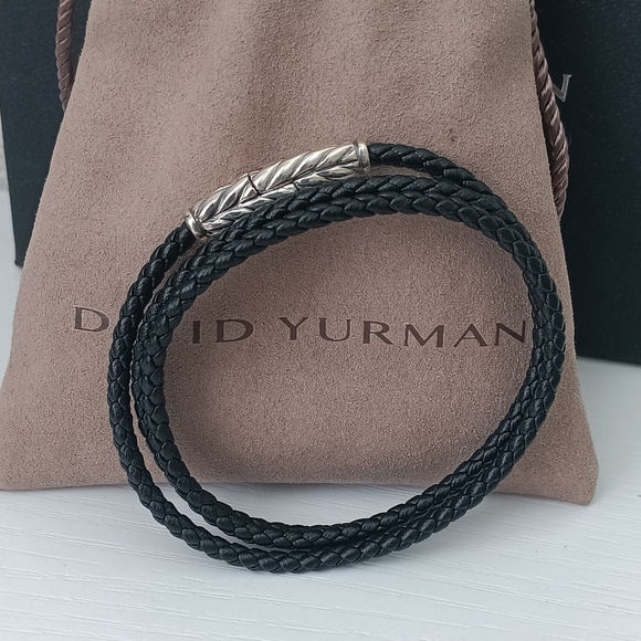 David Yurman Sterling Silver Black Leather Chevron Triple Row Wrap Bracelet - Picture 3 of 4